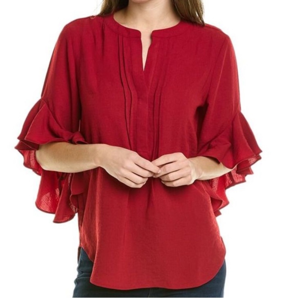 NWT VINCE CAMUTO Red Flowy Ruffle Sleeve Notch V-Neck Blouse Size Small